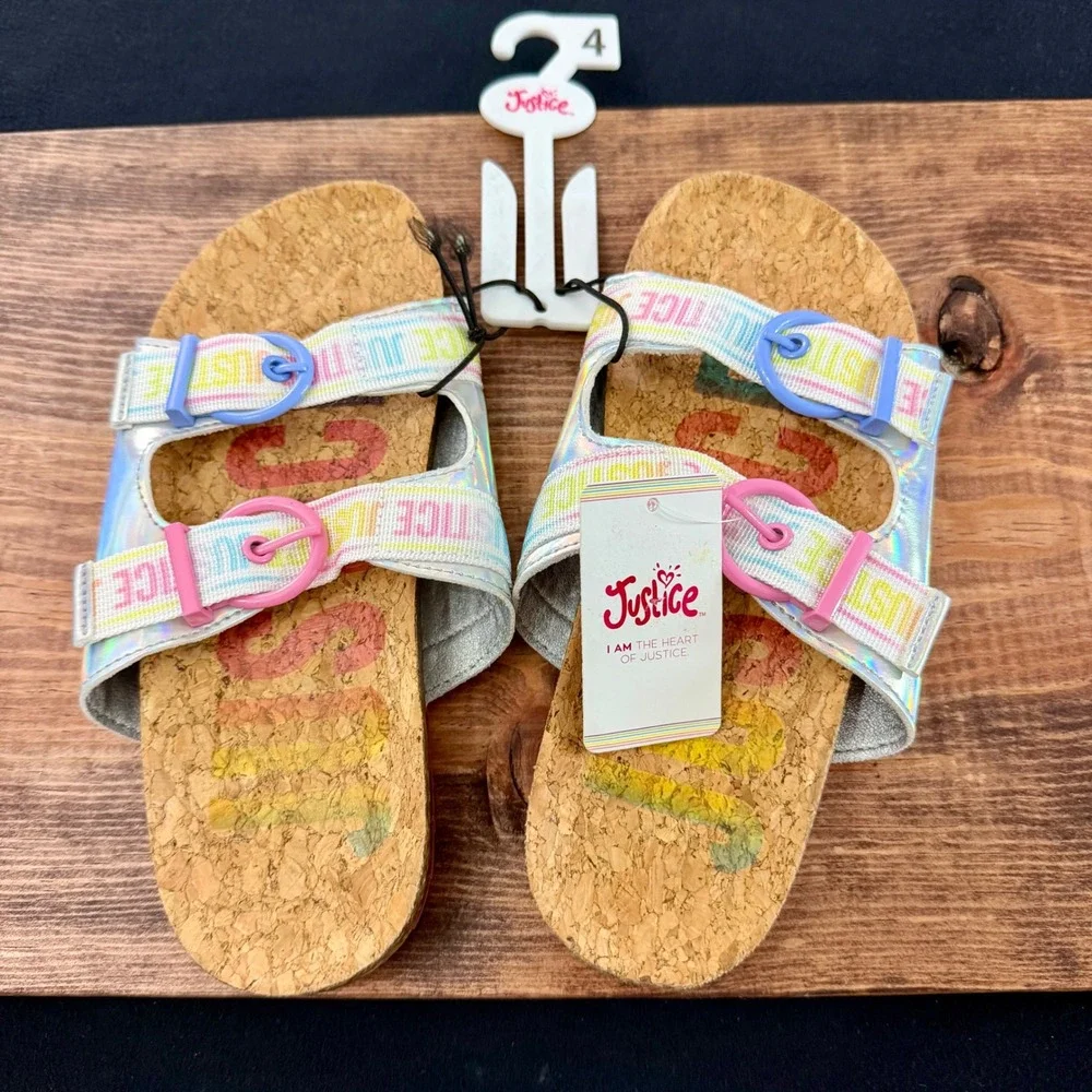 Justice Girls Holographic Rainbow Footbed Sandals Silver Pink Buckle Size 4 NEW